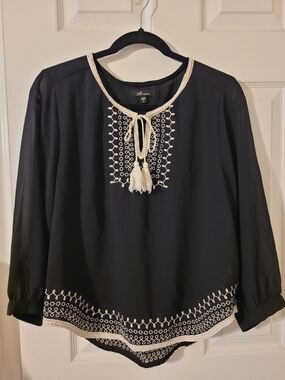 Black Embroidered Blouse with Cream Trim and Tassel Tie